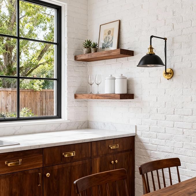 foxsky 16 Inch Solid Pine Wood Floating Shelves for Wall with Hidden Brackets, Rustic Farmhouse Wall Mounted Shelf for Bathroom, Living Room, Bedroom, Kitchen, Office Decor (Walnut)