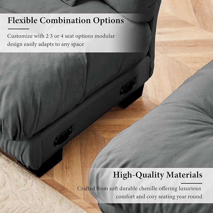 133.8" Oversized Couch, 3 Seater Modular Sectional Sofa, Grey Large U Shaped Sectional Couches for Living Room, Fluffy Couches Set, Chenille Cloud Couch with Ottoman, Sofas for Living Room