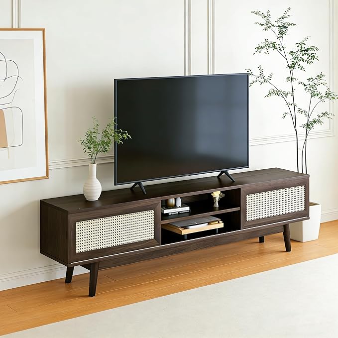 65" TV Stand with Open Shelf & Generous Storage, Rattan-Door Sideboard for TVs up to 75 Inch, Modern Accent Cabinet for Living Room, Dark Walnut