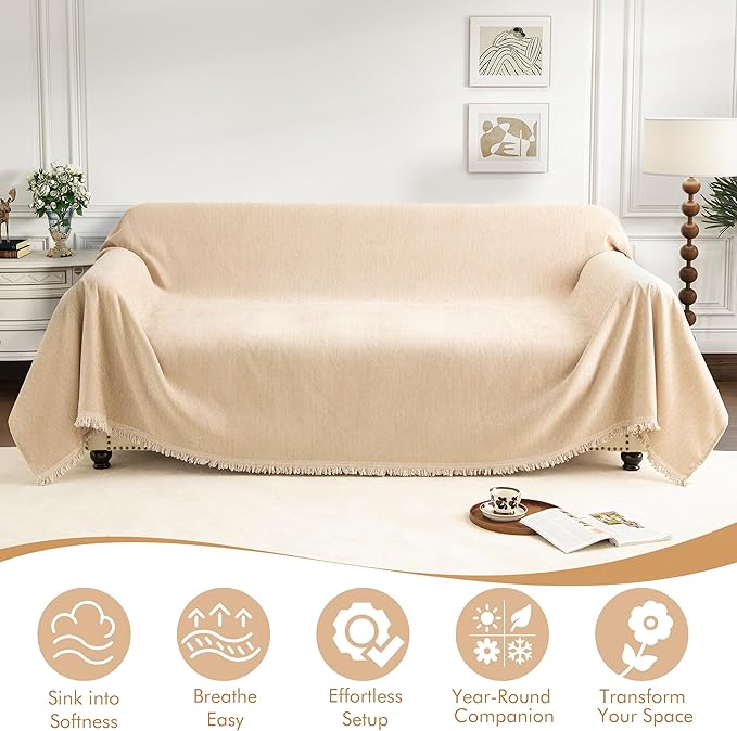 Couch Cover for 3-4 Cushion Couch Sofa Pet Friendly, Chenille Sectional L Shaped Sofa Cover Washable for Dogs Cats Kids, Furniture Protector Slipcover Decor for Living Room, 91"x150"