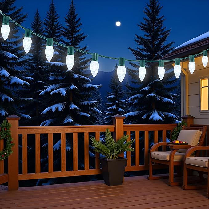 YULETIME Cool White C9 LED Christmas Lights, 25 Feet 25 Count 12" Spacing Faceted Strawberry Bulbs UL Certified Outdoor String Light Set (Cool White)
