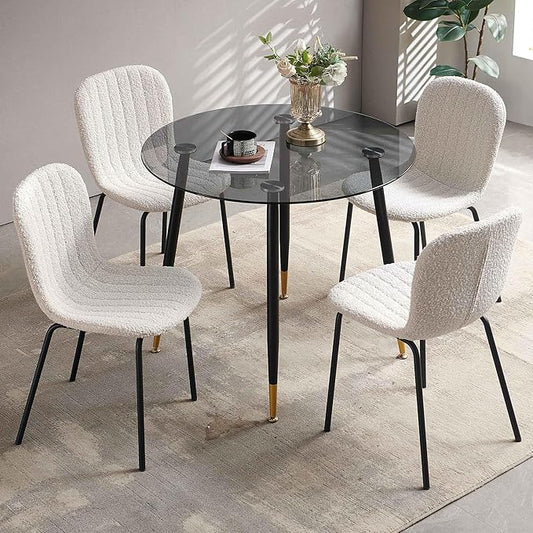 Modern Kitchen Table Set for 4, 5 PCS Grey Glass Round Dining Table Set, 35.43" Round Kitchen Table Transparent with 4 Upholstered Accent Chairs Comfortable Dining Chairs