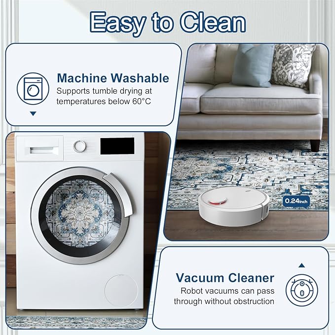 Area Rugs for Living Room 8x10 - Large Machine Washable Vintage Oriental Soft Rugs, Low Pile Thin Floor Carpet with Non Slip Backing for Bedroom, Dorm, Under Dining Room Table, Indoor House, Office