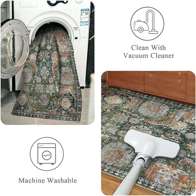 RUGSURE Washable Area Rugs - Perfect for Living Room, Bedroom, Kids Room, Nursery - Stain & Water Resistant Non-Slip, Pet & Child Friendly, Vintage Tribal Area Rugs (Green, 8' x 10')