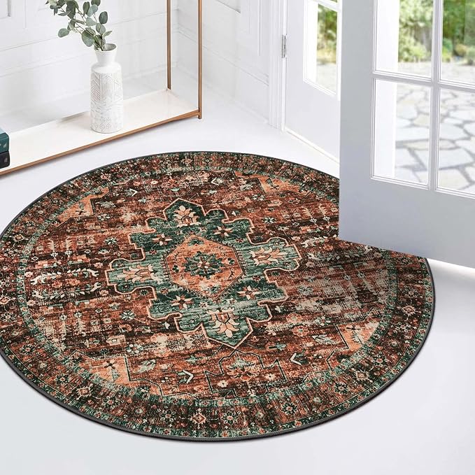 Moynesa Ultra-Thin Washable Round Rug - 3Ft Brown Entryway Rug Low Pile Bathroom Circle Mat, Non Slip Non Shedding Indoor Kitchen Floor Accent Carpet for Bedroom Living Room Foyer Doorway