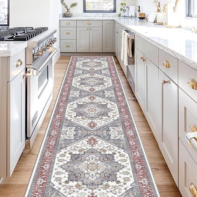 OPPODREAM Thin Entryway Rug 2x10, 2x10 Rug Runner, Washable Hallways Carpet 2 x 10 with Non Slip Backing, Low-Pile Bedside Carpet 2 x 10, Long, Faux Cashmere, Red & Grey