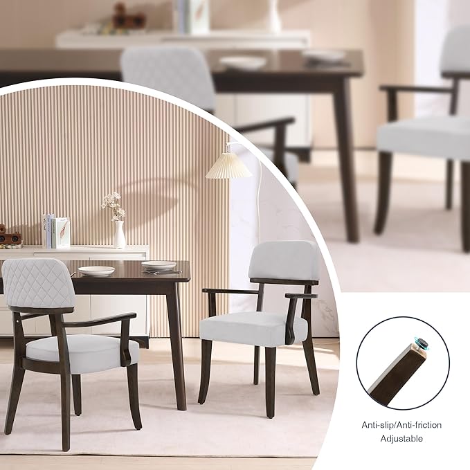 Modern Wood Dining Chairs with Arms, Velvet Upholstered Kitchen Chairs with Black Hardwood Legs & Open Curved Backrest, Accent Chairs 350 LBS Capacity, Grey