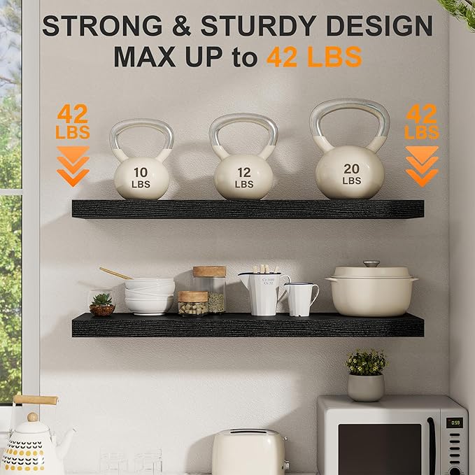 Fun Memories 40 Inch Floating Shelves Set of 2, 8 Inch Deep Wall Shelf, Rustic Wood Storage Shelves for Bedroom, Kitchen, Bathroom, Wall-Mounted Shelf with Invisible Brackets for Books|Storage Black
