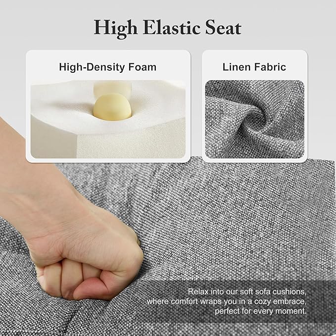 3 Seater Sofa Couch with Deep Seats, 89" Mid Century Modern Upholstered Sofa with Armrests, Comfy Couches for Living Room, Bedroom and Office, Linen Fabric Apartment Couch (Linen Grey)