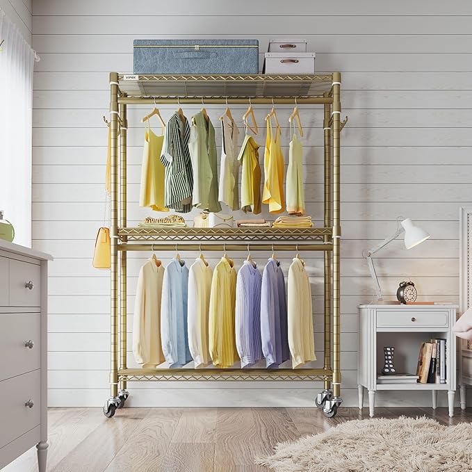 VIPEK R2 Plus Rolling Clothes Rack for Hanging Clothes Heavy Duty Garment Rack 3 Tiers Adjustable Wire Shelving Clothing Racks with Double Hanging Rods, Closet Organizers and Storage, Gold
