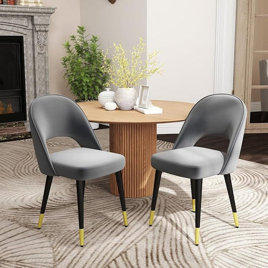 DUOMAY Modern Dining Chair Set of 2 with Open Back, Velvet Upholstered Armless Chair with Metal Frame Side Chair for Kitchen Dining Room Living Room, Grey