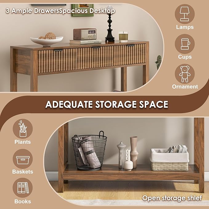 Fluted Console Table, Wooden Sofa Table with Storage and Drawers, Farmhouse Behind Couch Table Entryway Table for Entrance, Hallway, Living Room, Brown