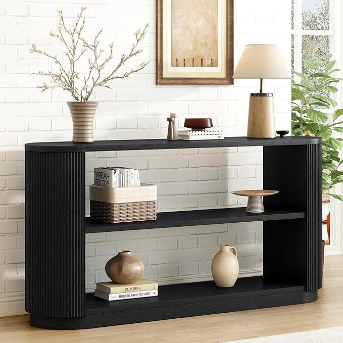 Modern Curved Console Table for Entryway, Farmhouse Solid Wood Fluted Sofa Table with Open Shelf & Elegant Wood Grain, Oval Long Foyer Table for Entry Way Hallway Living Room-58.9" Black