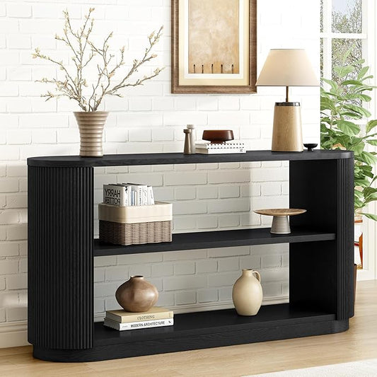 Modern Curved Console Table for Entryway, Farmhouse Solid Wood Fluted Sofa Table with Open Shelf & Elegant Wood Grain, Oval Long Foyer Table for Entry Way Hallway Living Room-58.9" Black