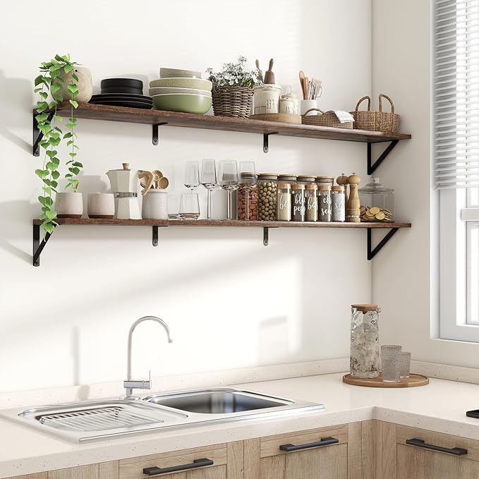 Axeman Floating Shelves for Wall 55 Inch | 55W x 8D Rustic Wood Floating Shelves Set of 2 | 8" Deep Wall Shelves for Bathroom Kitchen Living Room | Bookshelf Display Shelves - Rustic Brown