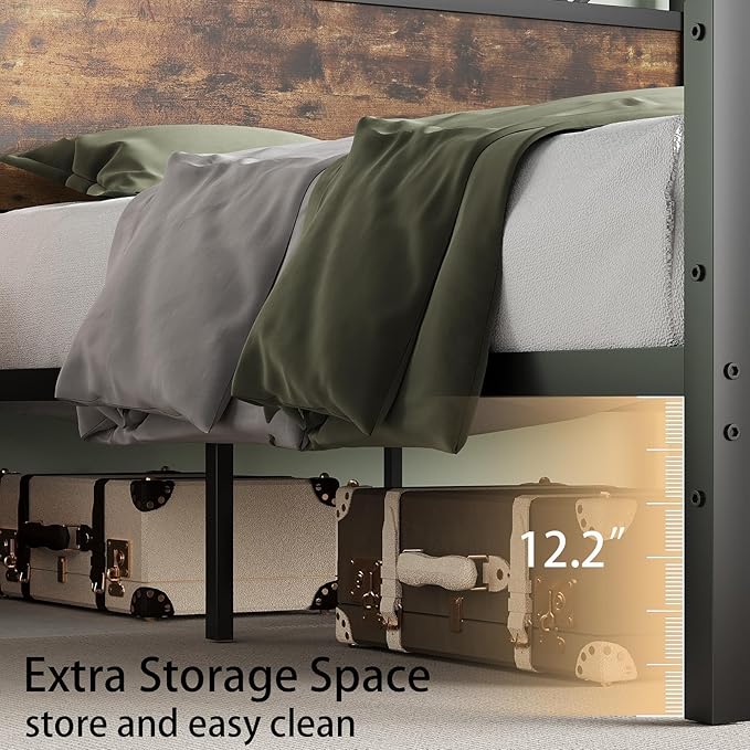 Twin Size Bed Frame with 51.2" Tall Headboard and Footboard, Platform Bed Frame with Metal Support, Solid and Stable, Noise Free, No Box Spring Needed, Rustic Brown