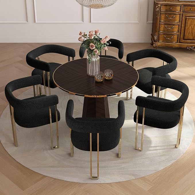 Set of 6 Modern Black Boucle Dining Chairs with Gold Metal Legs, Mid Century Accent Upholstered Barrel Armchairs with Open-Back for Kitchen, Dining Room, Living Room, Apartment
