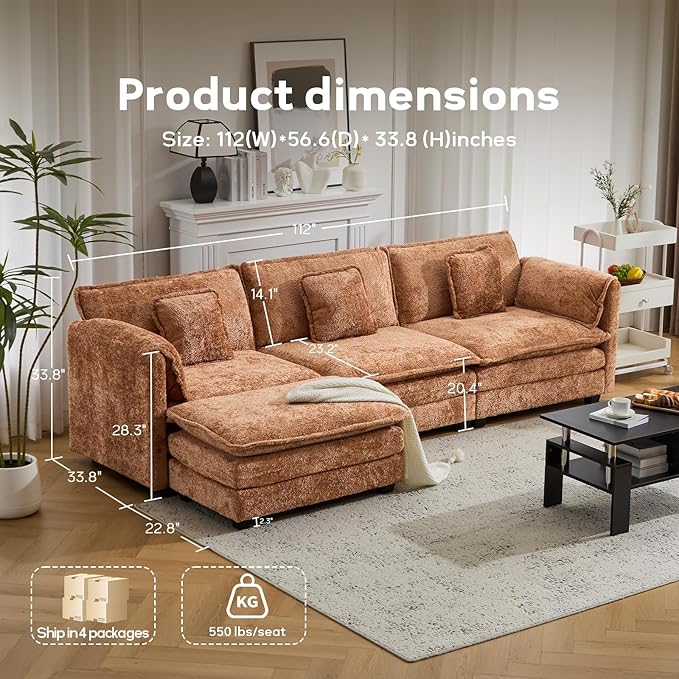 112" Modular Sectional Sofa with Movable Ottoman, L Shaped Couches for Living Room, 3 Seater Comfy Cloud Couch with Removable Cover, Armrest Pillow (Orange)