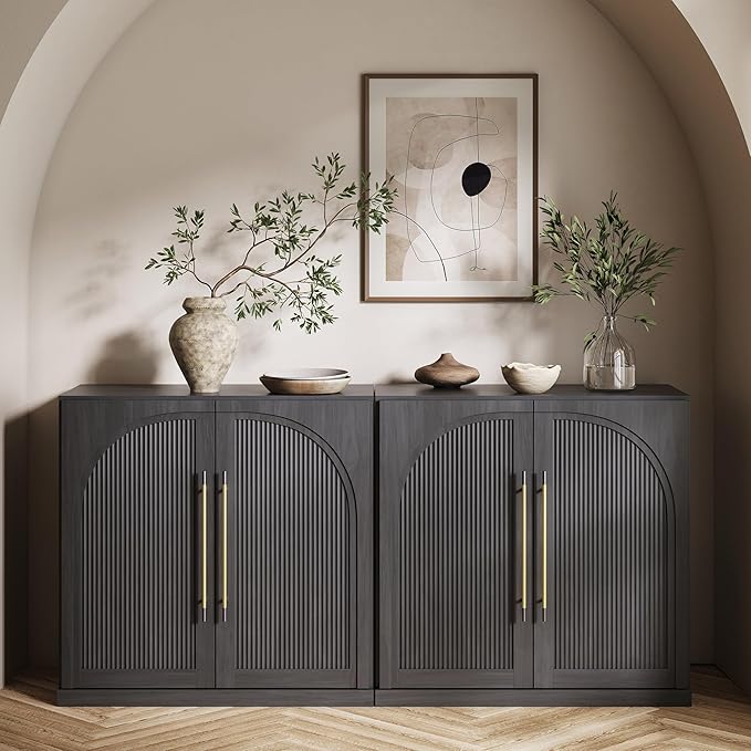 BELLEZE Set of 2 Modular Sideboard with Double-Arc Wood Doors, Small Arched Buffet Cabinet with Storage and Adjustable Shelves, Classic Modern Credenza for Dining Room, Living Room or Entryway(Ebony)