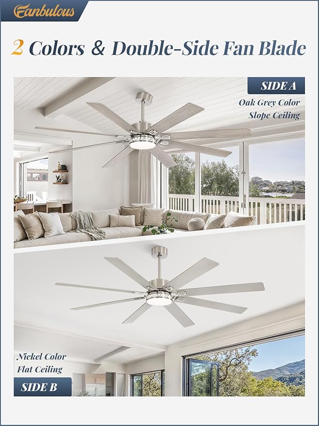 Fanbulous 72 Inch Large Ceiling Fans with Lights, Farmhouse Ceiling Fan with Light and Remote, Dual Finish 8 Blades, Reversible DC Motor, 3CCT, 6 Speed, Modern Ceiling Fan for Living Room, Nickel