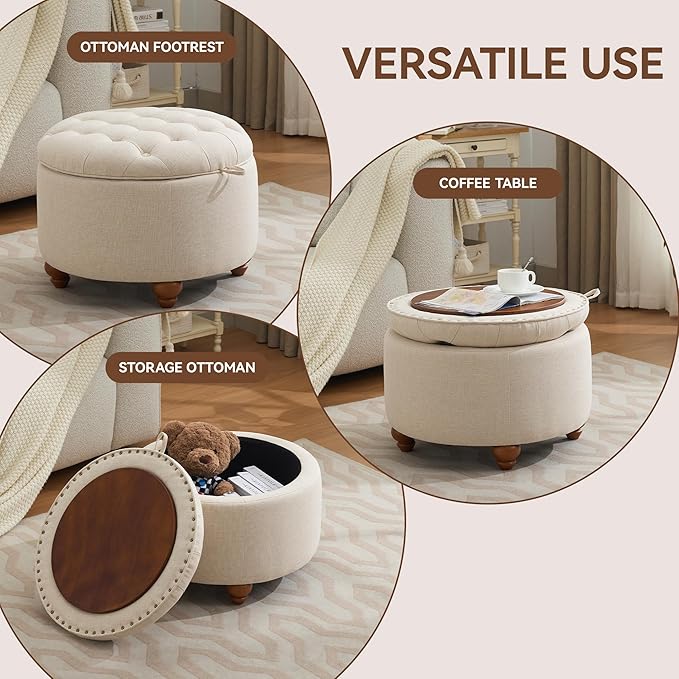 24Inch Round Storage Ottoman with Tray, Modern Tufted Fabric Circle Coffee Table with Storage, Upholstered Ottoman with Removable Top for Living Room, Bedroom, Khaki
