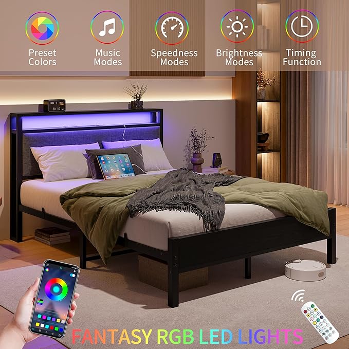 Queen Bed Frame with Headboard Storage,Upholstered Platform Bed Frame Queen Size with Charging Station and LED Lights No Box Spring Needed,Heavy Duty Steel Slats,Noise Free,Dark Grey