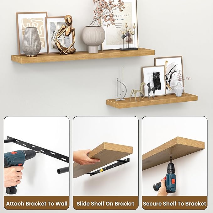 Heimlove 48 Inch Floating Shelves for Wall,Extra Long Wood Shelves Mounted Storage Hanging Shelf Invisible Bracket for Bedroom,Living Room,Kitchen,Office,Set of 2,Oak Color