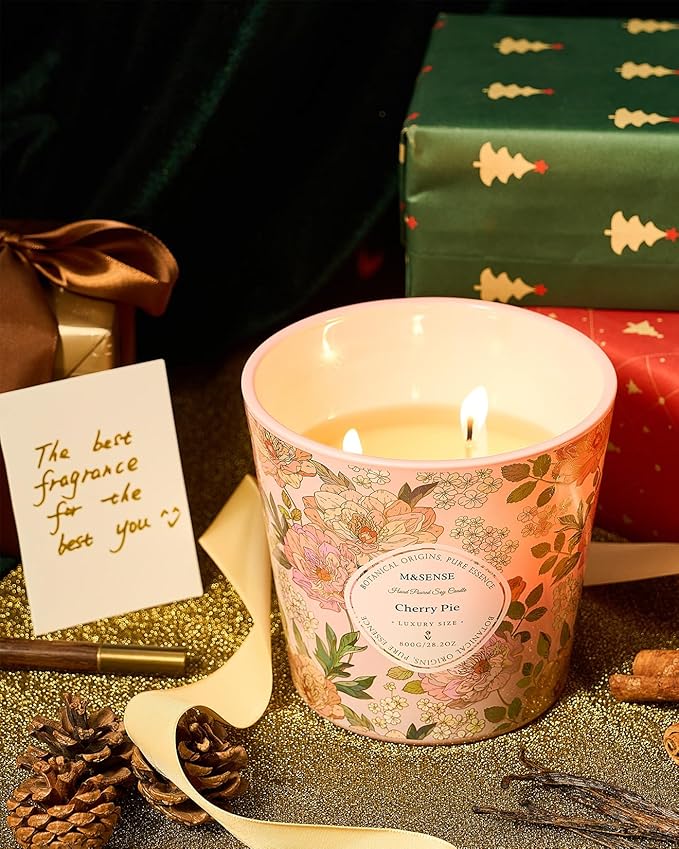 M&SENSE Cherry Pie Scented Candle, 28.2oz 3 Wick Natural Soy Wax Large Candles, Long Lasting Clean Slow Burning No Toxic Décor for Home Relaxation, Romantic Dates & Gift-Giving
