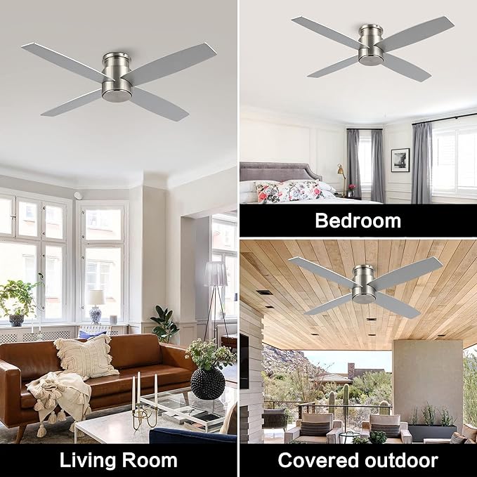 WINGBO 52" Flush Mount DC Ceiling Fan without Lights, 4 Reversible Blades, Ultra Quiet 6-Speed DC Motor, Hugger Low Profile Indoor Ceiling Fan No Lights, Brushed Nickel Finish