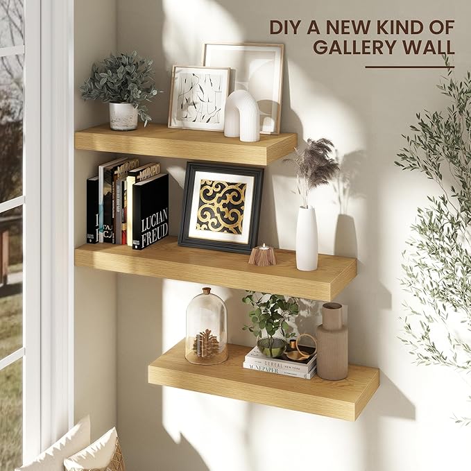 Floating Shelves for Wall, 30" W x 12" D x 2" H, 2 Pack of Long Wall Mounted Engineered Wood Shelves with Invisible Brackets for Living Room, Bedroom, Bathroom, Kitchen Decor, Oak