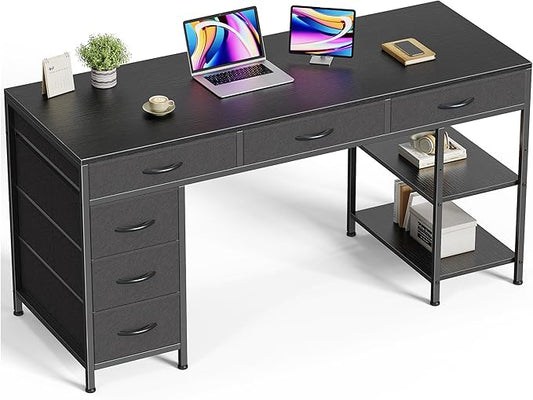 Huuger Computer Desk with 6 Drawers, 54 Inch Office Desk with Shelves, Reversible Gaming Desk, Corner Desk with Storage, Work for Home Office, Study, Living Room, Black
