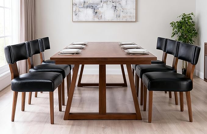 Mid Century Modern Dining Chairs Set of 6 PU Leather Upholstered Side Chairs, Modern Kitchen Armless Parson Chairs Solid Wood Dining Chairs, Black