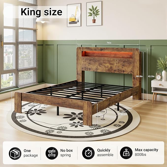 King Bed Frame with Headboard, Wooden Platform Bed Frame King Size with Bookcase Shelf, LED Lights, Charging Station, Heavy Duty Supports, No Box Spring Needed,Dark Brown