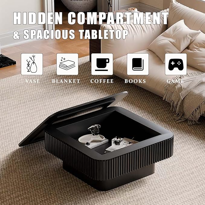 31.5'' Small Square Coffee Table with Storage, Fluted Coffee Table with Solid Wood Veneered, Mid Century Modern Wooden Center Table, Accent Tea Table for Small Space Living Room Apartment, Black