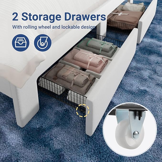 Allewie Velvet Vertical Tufted King Size Upholstered Platform Bed Frame with 2-Tier LED Storage Headboard & 2 Storage Drawers, USB & Type-C Charging Ports, Noise-Free/No Box Spring Needed, White