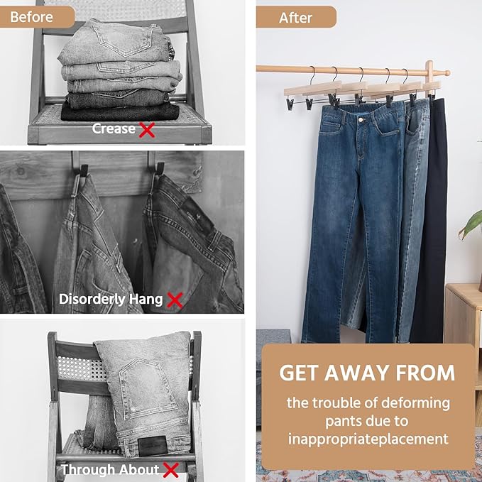 Nature Smile Deluxe Wooden Pants Hangers,Solid Rubber Wood Jeans Skirt Hanger Without Painting,with Adjustable Black Clips and Rotatable Hook,Pack of 20(Natural Unvarnished)