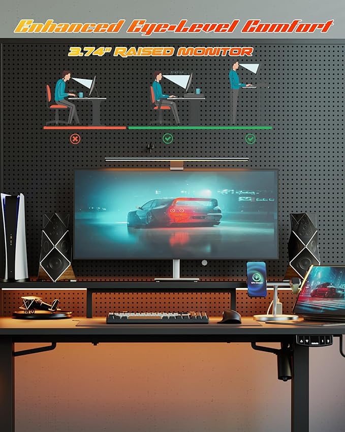 Electric Height Adjustable Standing Desk with Power Outlet and LED Light Strip, Sit to Stand, Ergonomic 48x24" Rising Desk with Memory Presets, Home Office Workstation, Computer Gaming Table, Black