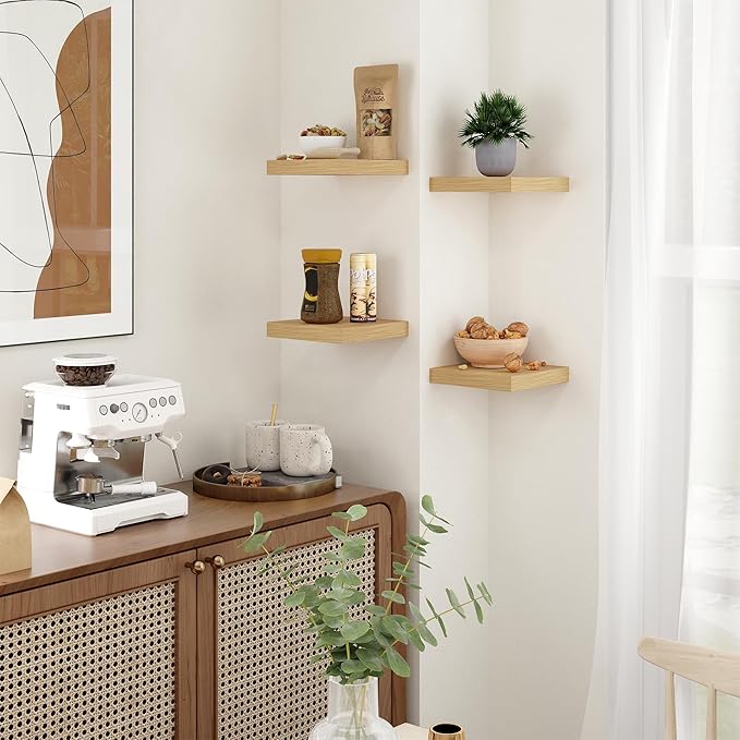 Fun Memories Floating Shelves for Wall - 7.5 Inch Square Shelves with Invisible Brackets, Oak Small Wall Shelf for Living Room, Bathroom, Bedroom, and Kitchen Decor，Set of 4