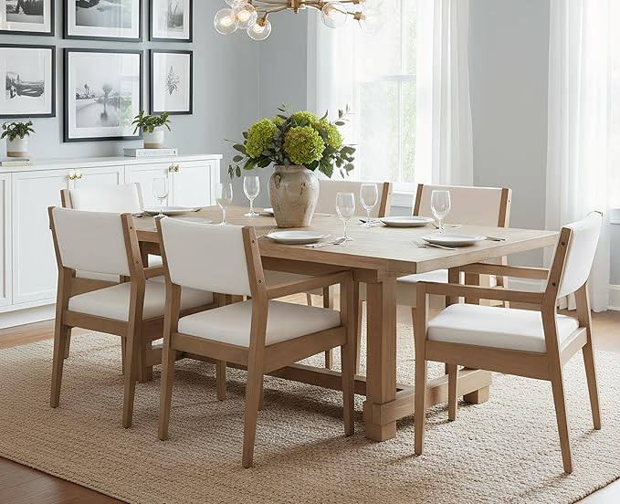 EALSON Upholstered Dining Chairs Set of 6 Mid Century Dining Room Arm Chairs with Hardwood Frame Modern Farmhouse Kitchen Side Chairs for Living Room, Beige Linen