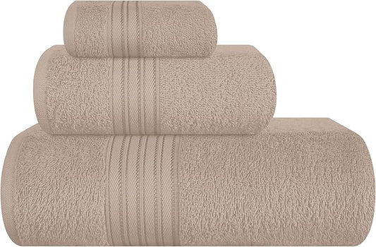 BOUTIQUO Ultra Soft 3 Pack Cotton Towel Set, Contains a Bath Towels 28x55 inch, a Hand Towels 16x24 inch & a Wash Coths 12x12 inch, Ideal Everyday use, Compact & Lightweight - Tan