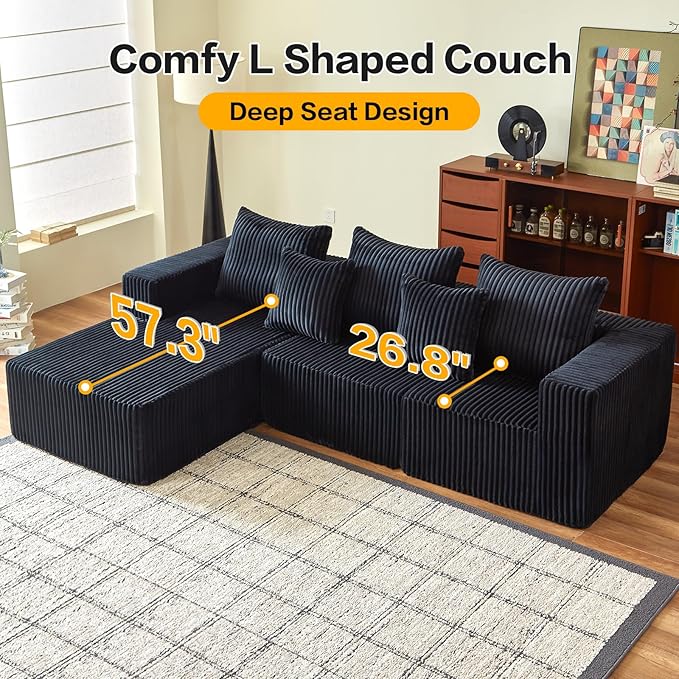 Boneless Sectional Sofa, 100.7" Cloud Sofa with Wide-Wale Corduroy, Deep Seat L Shaped Couch, All-Foam Filled Compressed Couch for Living Room (Black, Corduroy)