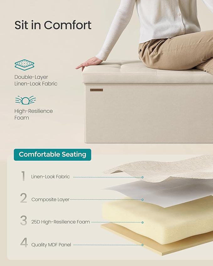 SONGMICS MAZIE Collection - 30 Inches Folding Storage Ottoman Bench, Ottoman Foot Rest, End of Bed Bench, Storage Chest, Load 660 lb, for Living Room, Bedroom, Entryway, Cream White ULSF47BE