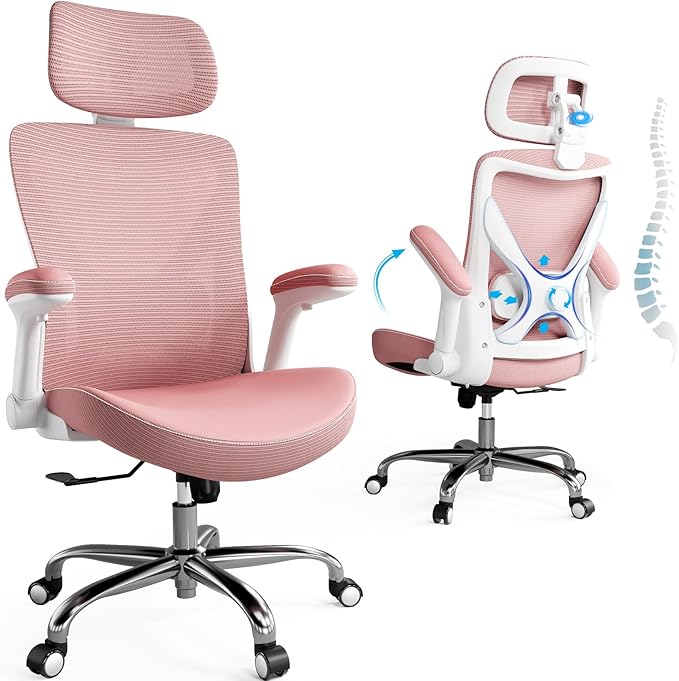 Office Home Ergonomic Desk Chair-Computer X-Shaped Chair Mesh PU Leather with Adjustable Lumbar Support-Executive Chair High Back with Headrest Flip-Up Arms for Long Hours (Dark Pink)