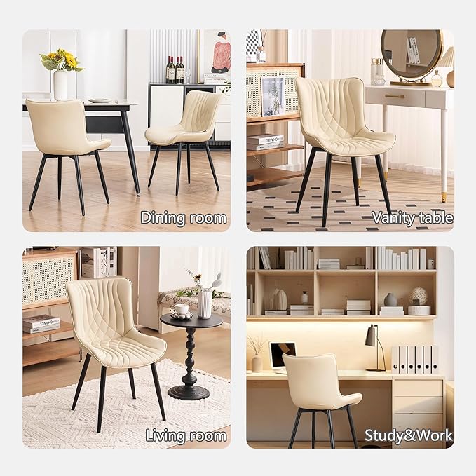 Kidol & Shellder Beige Dining Chairs Set of 2,Faux Leather Upholstered Mid Century Modern Kitchen&Dining Room Chair with Back,Ergonomic Armless Vanity&Living Room Chair with Metal Legs