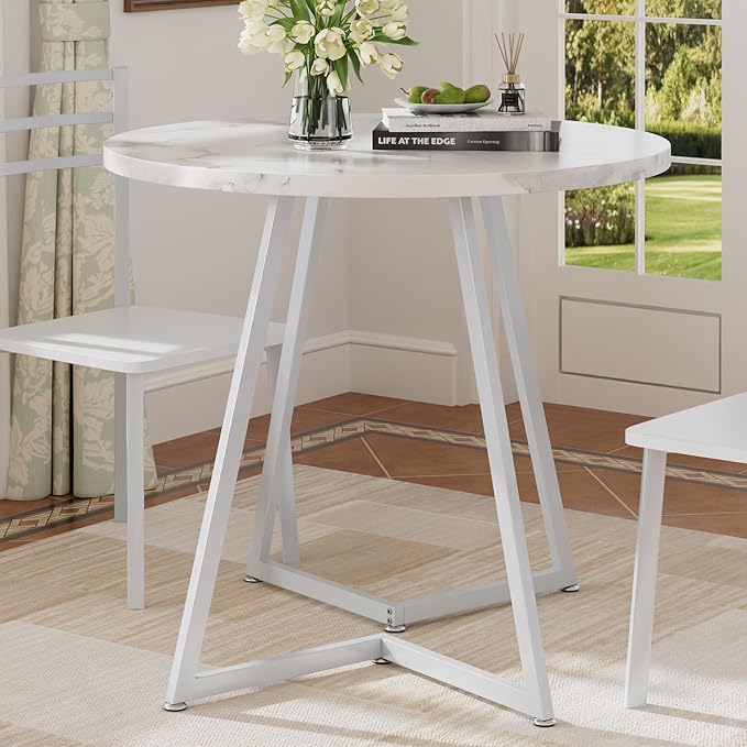 VECELO Round Dining Room Table with Wood Grain Tabletop and Steel Frame, for Kitchen, Living Room, Office, Conference, 2 to 4 Person, Fuax Marbled & White