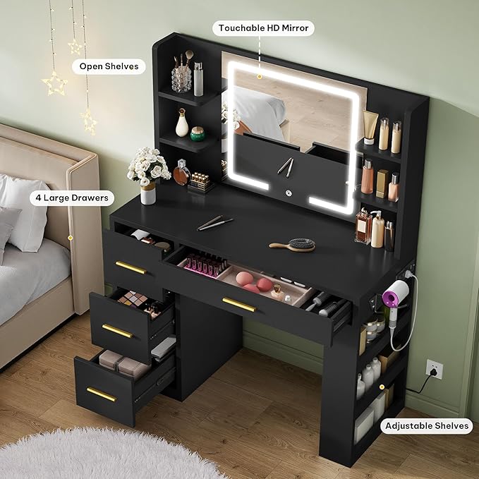 DWVO Makeup Vanity with LED Mirror, 40" Big Vanity Makeup Table with 4 Drawers and 7 Open Storage Shelves, Built-in Power Outlets & Hairdryer Holder, Black