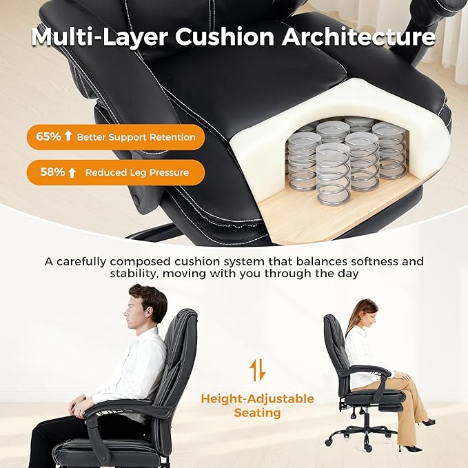 Office Chair with Footrest, Executive Breathable Leather Office Desk Chair with Lumbar Support - Ergonomic Comfy Wide Reclining Swivel Rolling Gaming Computer Chair with Adjustable 90-135° High Back