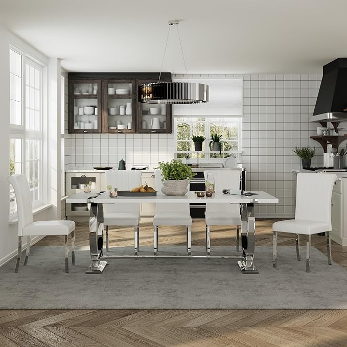 ACEDÉCOR 80" White and Silver Dining Table for 6-8, Modern Large Rectangular Lacquer Top and Chrome Metal U Shaped Base