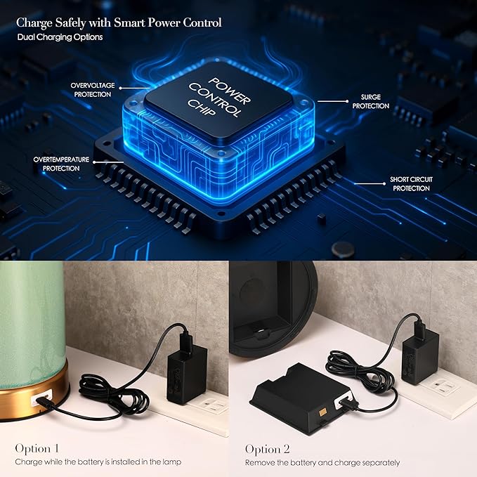 O’Bright Dune - Battery Powered Table Lamp, Rechargeable Cordless Ceramic Lamp, Full-Size 19.5 Inch Height, Dimmable, Smart Safety Protection, Type-C Fast Charging, LED Bulb Included, Sage Green