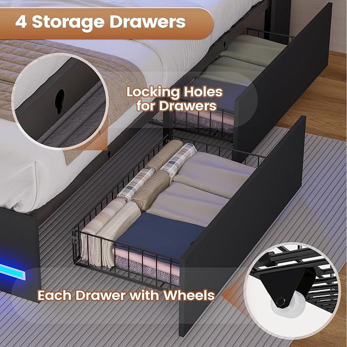 AOGLLATI King Size Bed Frame with 4 Storage Drawers, Black King Bed Frame Wood with Charging Station (Type-C and USB), Led Light and Hidden Bookcase Headboard, Black